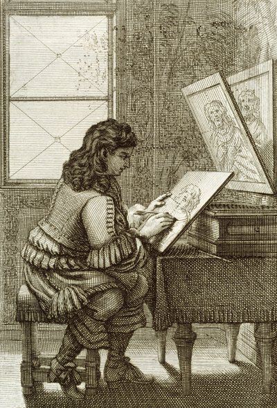 An artist copying onto an engraving plate, printed 1737 by Abraham Bosse